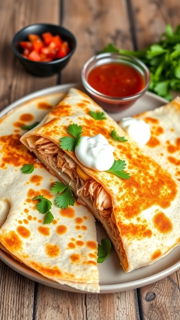 Golden-brown chicken quesadilla sliced into wedges, served with salsa and sour cream on a wooden table.